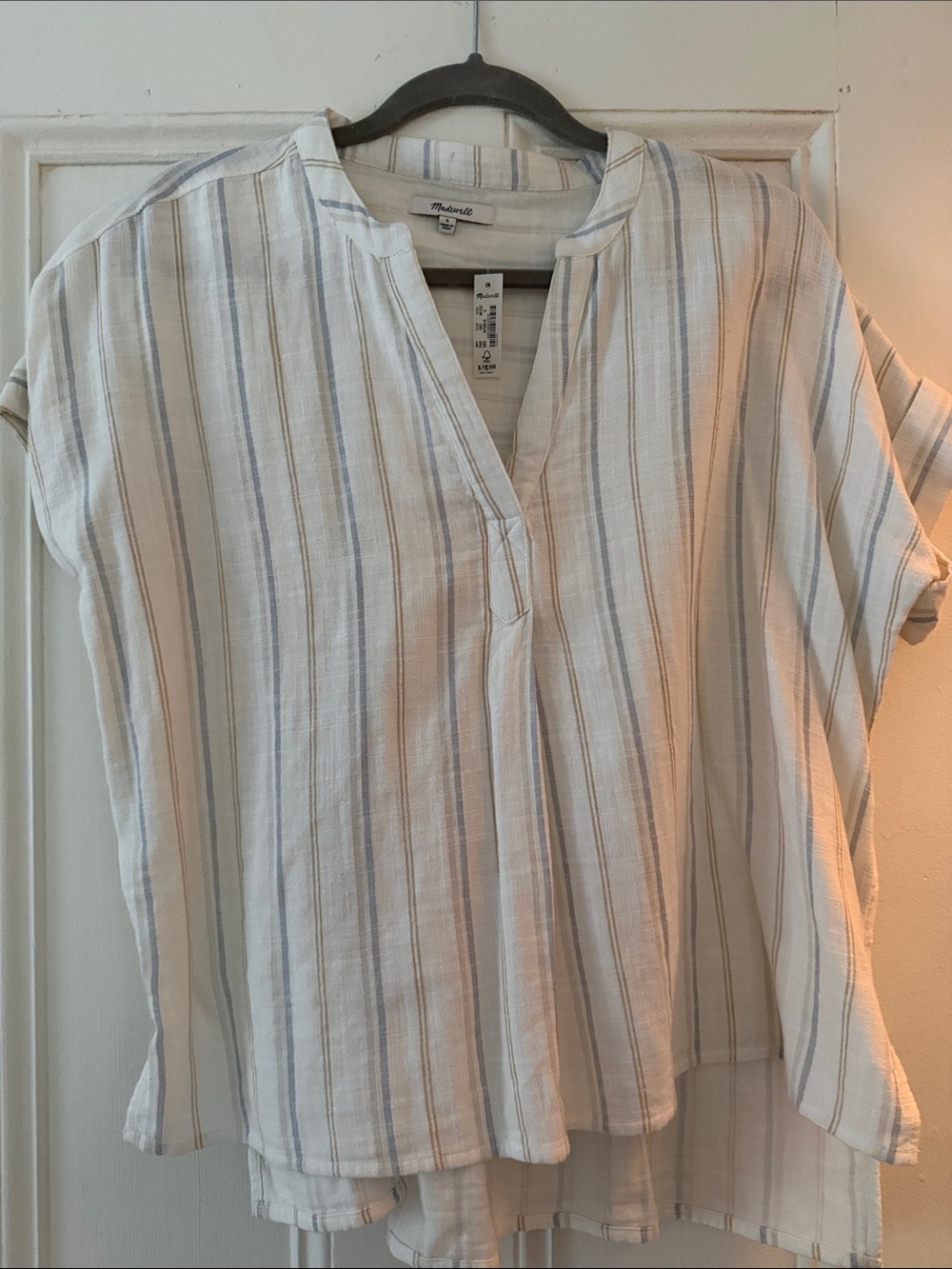 Madewell Cream Top with Blue and Tan Stripes